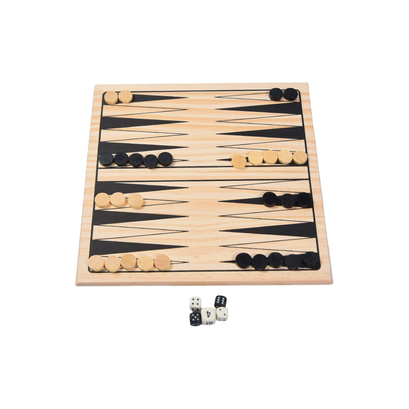 Puinen pelisetti vintagella ja värikkäällä pakkauksella Klassinen backgammon-lautapeli