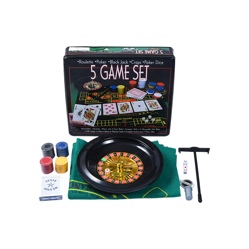 5-in-1 kasinopelisetti – Ruletti, Pokeri, Black Jack, Craps, Pokerinoppaa metallipurkissa