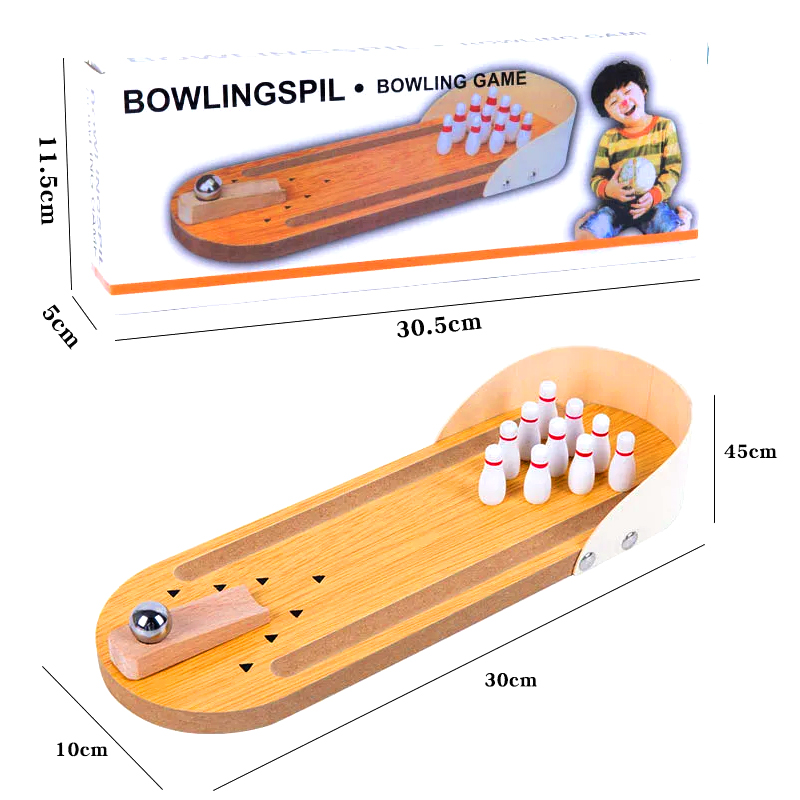 Kompakti puinen setti teräspallolla ja nastalla Mini Desktop Bowling Game
