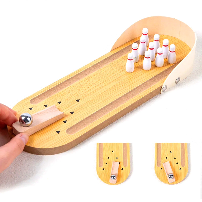 Kompakti puinen setti teräspallolla ja nastalla Mini Desktop Bowling Game