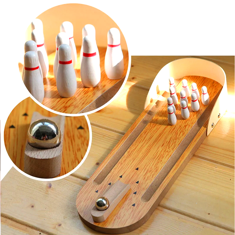 Kompakti puinen setti teräspallolla ja nastalla Mini Desktop Bowling Game